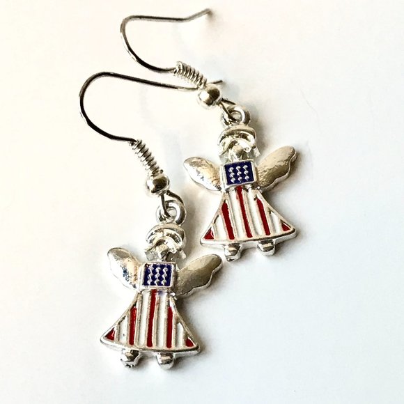 USA American Flag Necklace Earrings Set Angel Patriotic July 4th Enamel 18" - Picture 6 of 12